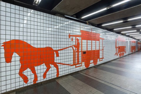 Tile mosaic: Horse pulls tramcar