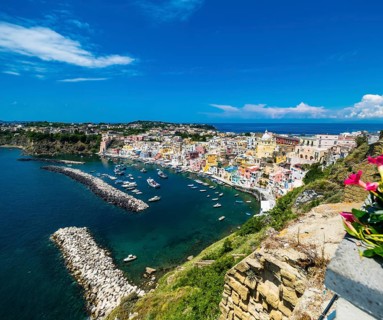 View of the island of Procida with its colourful houses