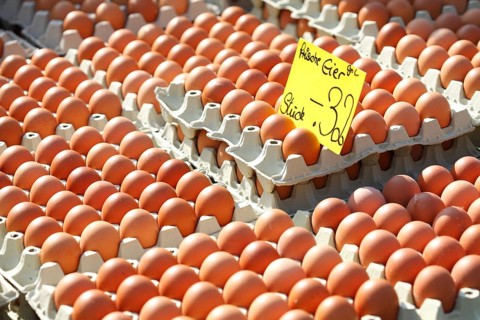 Fresh brown eggs in egg cartons with price tag at a market stall