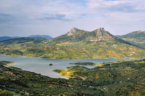 Green landscape with reservoir Zahara-El Gastor Reservoir