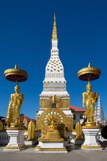 Chedi of Wat Mahathat Temple with Wheel of Life and golden Buddha figures
