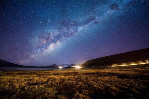 Starry sky with Milky Way on Lake Chungara