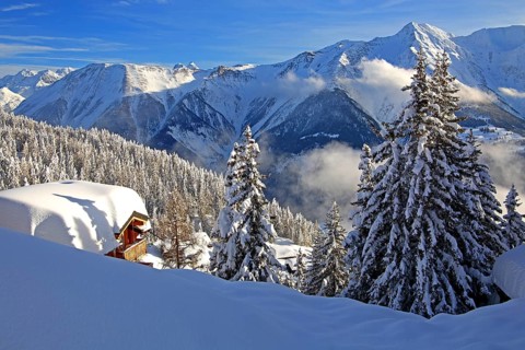 Winter landscape with snow-covered chalet