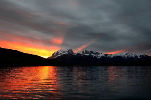Torres del Paine at sunset with clouds