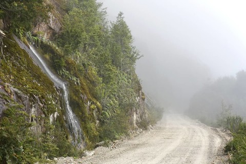 Gravel road in fog at Puerto Rio Tranquilo