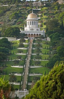 The Gardens of the Bahai on Mount Carmel and Shrine of Bab Tomb with Dome