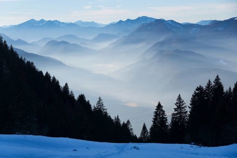 View from Schonberg near Lenggries to Jachenau with the Ester Mountains