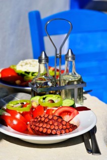 Octopus with tomato and paprika served on plate