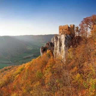 Reussenstein Castle Ruin above the Neidlingen Valley in autumn