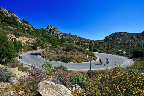 Two racing cyclists on a winding road