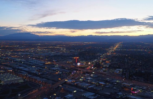 View from Stratosphere Tower on Illuminated City with Las Vegas Boulevard
