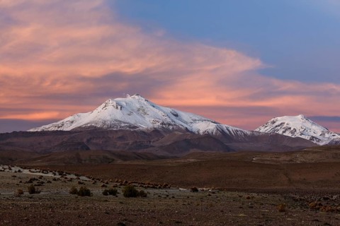 Volcano Parinacota with snow in the evening light