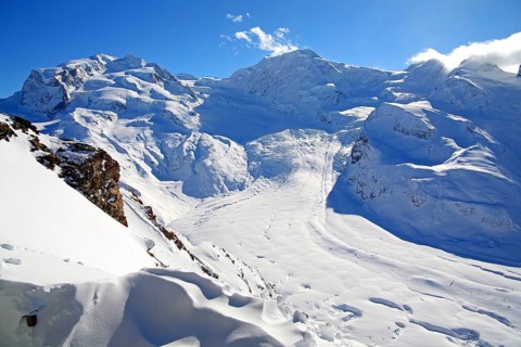 View from Gornergrat over Gornergletscher to Monte Rosa with Dufourspitze 4634m and Liskamm 4527m