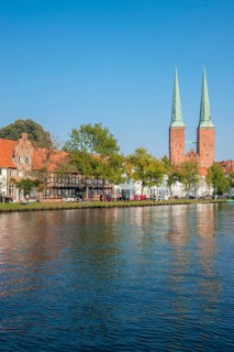 Historical townscape on the river Trave with cathedral