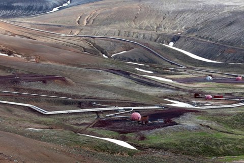 Pipelines of the geothermal power plant Krafla in volcanic landscape