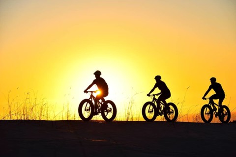 Three cyclists on fatbikes backlit at sunset