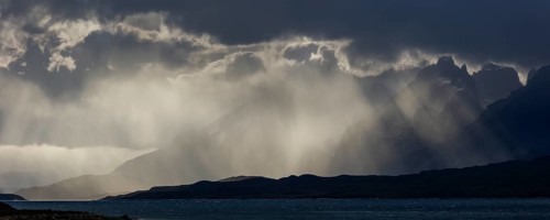 Glacial lake Sarmiento de Gamboa with the Cordillera del Paine mountain group in the evening light