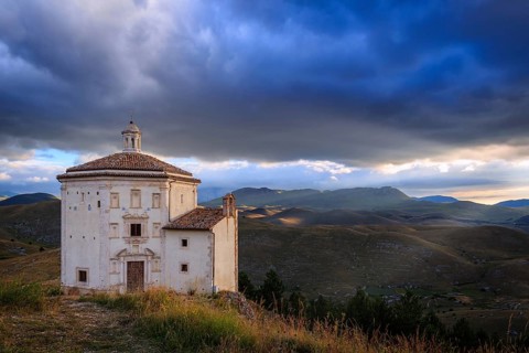 Church Santa Maria della Pieta with mountain massif Gran Sasso