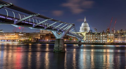 Millenium Bridge and St Paul's Cathedral by night