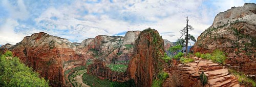 Panorama of Zion Canyon with the rock formation of Angels Landing