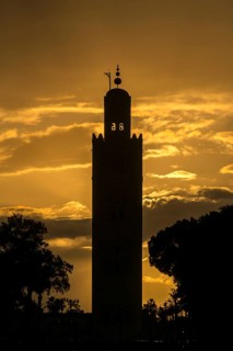 Silhouette of the Minaret of the Koutoubia Mosque at sunset