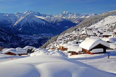 View of the village overlooking the Rhone valley with deep snowfall