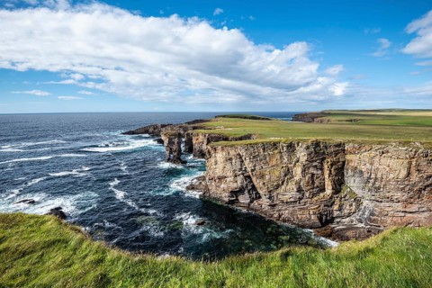 The cliffs of Yesnaby with the 35m high surf pillar
