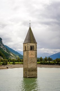 Church tower of Alt-Graun in the Reschensee reservoir