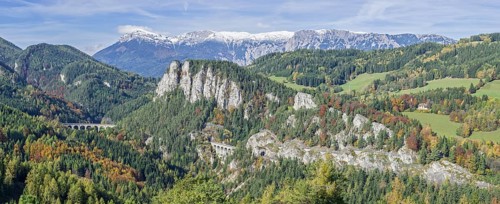 20 Schilling view with Kalte Rinne viaduct Pollereswand Krauselklauseviadukt Rax massif with Heukuppe