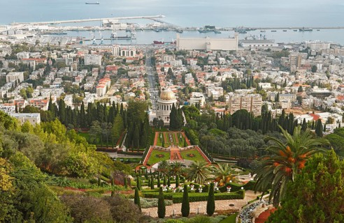Gardens of the Bahai on Mount Carmel and Shrine of Bab Tomb with Dome