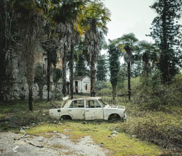 Wrecked car in the forest