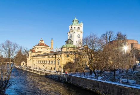 Mullersches Volksbad indoor swimming pool with river Isar in winter