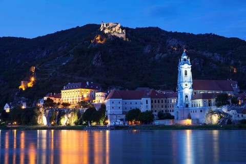 View over the Danube to Durnstein with collegiate church and castle ruin
