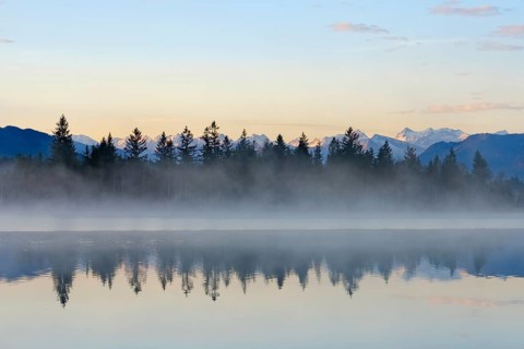 Morning atmosphere with early morning mist at Kirchsee