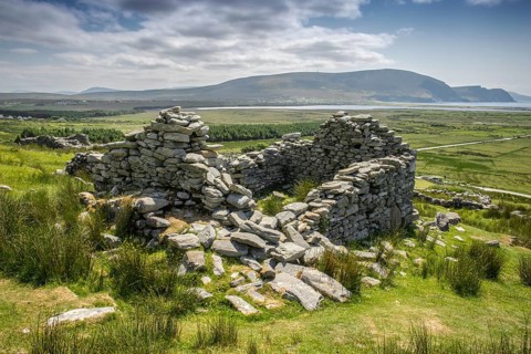 Dilapidated stone walls of a former village
