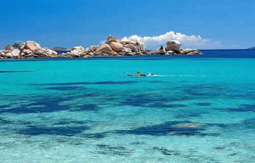 Palombaggia beach with turquoise green sea and rock formations