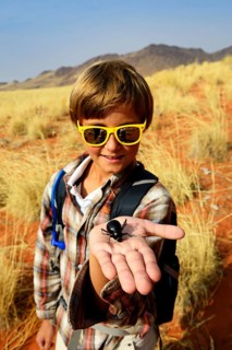 Boy holds a black beetle in the hand