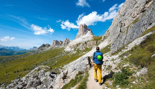 Hiker on the circular hiking trail from Passo Giau via Nuvolau