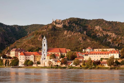 View over the Danube to Durnstein with collegiate church and castle ruin