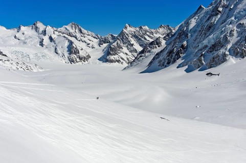 View from the Lotschenlucke over the snow-covered Grosser Aletschfirn towards Konkordiaplatz and the Bernese Alps