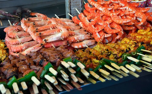 Various meat and seafood skewers