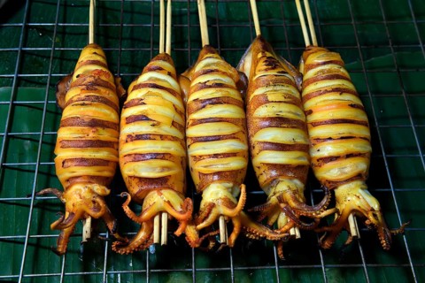 Grilled squid skewers