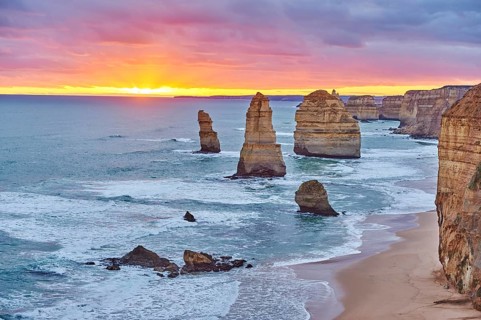 Rocky coast with the Twelve Apostles at sunset