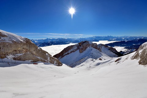 View from Mount Pilatus to the mountain range in winter