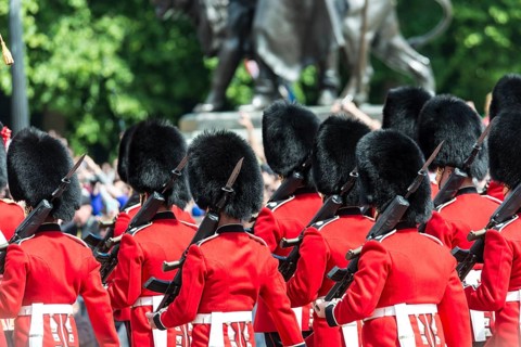 Guardsmen of the Royal Guard with bearskin cap and bayonet
