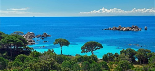 Panorama of Bay of Palombaggia with turquoise blue sea