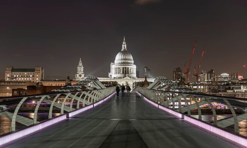 Millenium Bridge and St Paul's Cathedral by night
