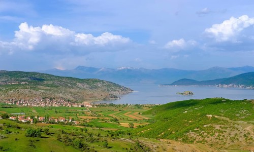 Great Lake Prespa with village Liqenas and island Maligrad
