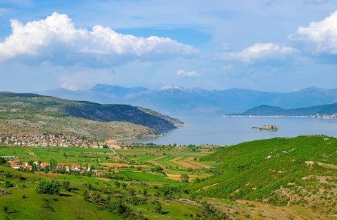 Great Lake Prespa with Maligrad Island and villages of Lejthize and Liqenas