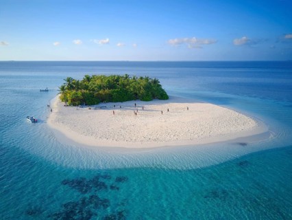 Uninhabited island for day trips with palm trees